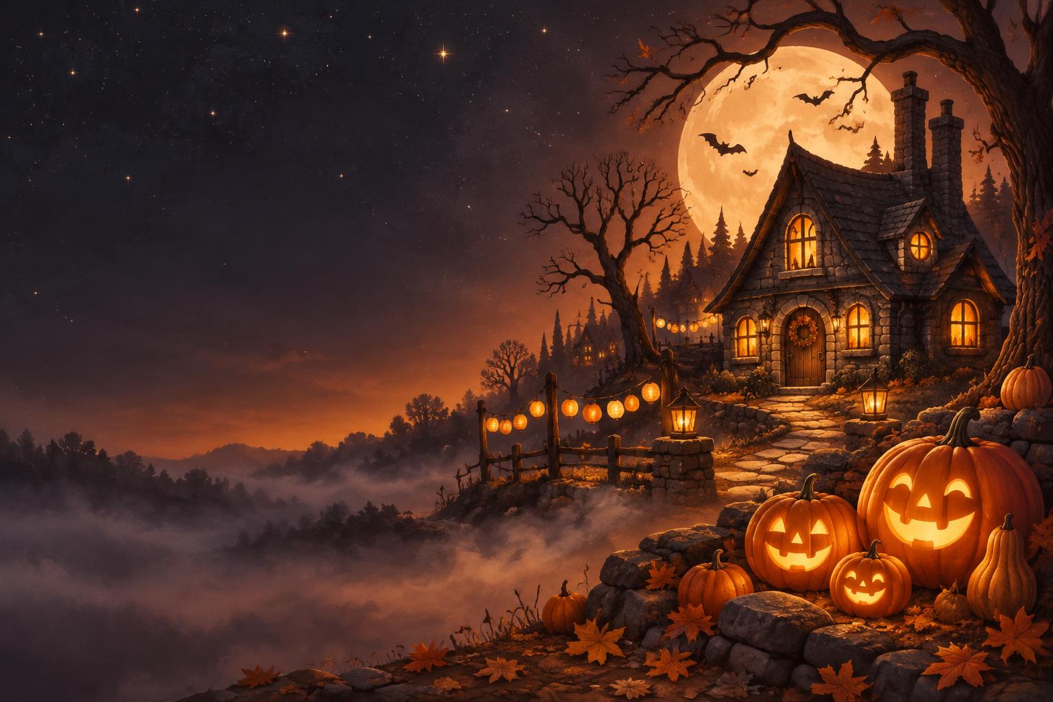 Grinning pumpkins glowing outside a cozy cottage on Halloween night